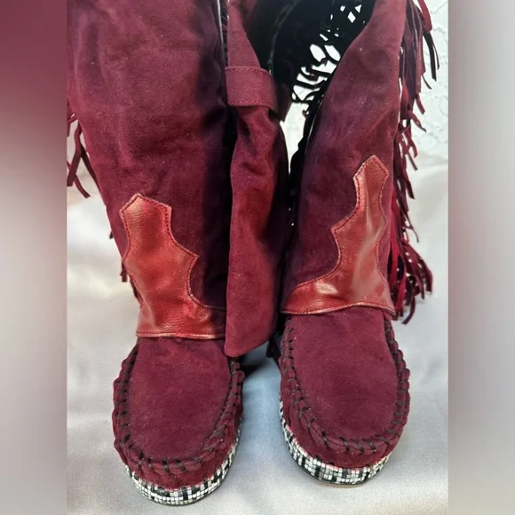 Bohemian Fringe Knee-High Moccasin Boots - Wine (6)‼️NWOB‼️ - Picture 8 of 15
